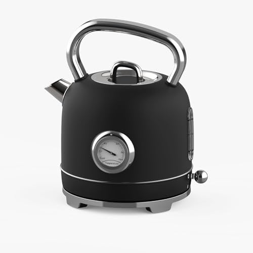 GEEPAS Electric Kettle | Vintage Cordless Stainless Steel Rapid Boil for Hot Water Tea Coffee | Auto Shut-Off 360° Swivel Base Temp Gauge Boil Dry Protection | 2 Yr Warranty 1.7L 3000W Retrovive Black