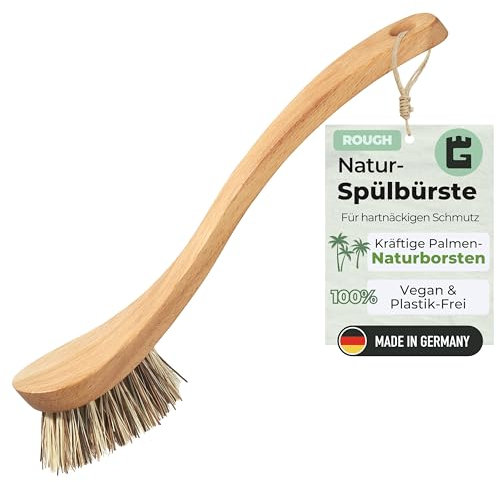 Grünschloss Holz Spülbürste Naturborsten “Rough” mit echten Palmen Pflanzenfasern Extra Effektiv (Made in Germany) Massivholz Buche Kitchen Brush natürlich abspülen Reinigungsbürste Plastikfrei