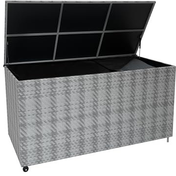 Rattan Garden Storage Marielle Grey Box & Waterproof Lining Cover Large Cushion Blanket Tools Toys Furniture Chest 700L Outdoor Patio Deck Steel Frame Weather Resistant Gas Lift Lid Portable Wheels