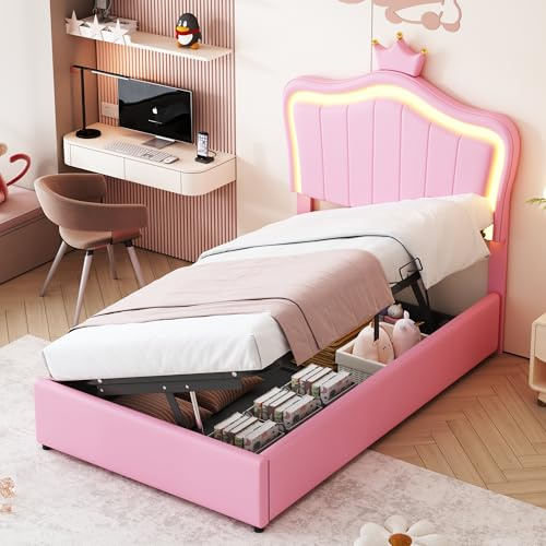 Anwick Kinderbett 90x200 cm mit Krone, Polsterbett aus PU-Leder mit-Beleuchtung und 2 Schubladen | Einzelbett für Mädchen in Weiß/Rosa | Inklusive Lattenrost und Rückenlehne (Rosa, 90cm*200cm)