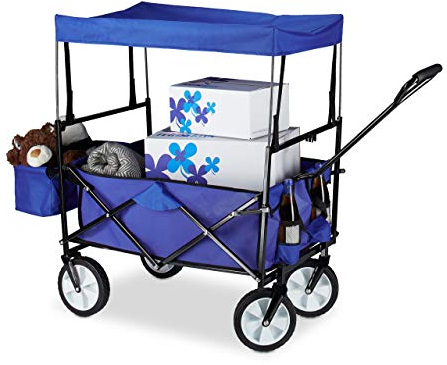 Relaxdays Bollerwagen faltbar, Sonnendach, Handwagen, 360 ° drehbar, extra Taschen, HTB: ca. 55 x 83 x 51,5 cm, blau