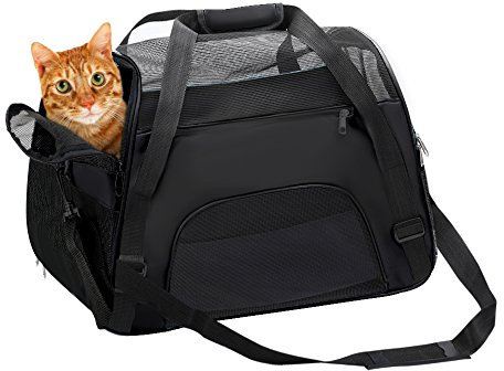 DONYER POWER Soft Sided Pet Carrier for Cats Comfort Airline Approved Under Seat Travel Tote Bag, Travel Bag for Small Animals with Mesh Top and Sides,BLACK