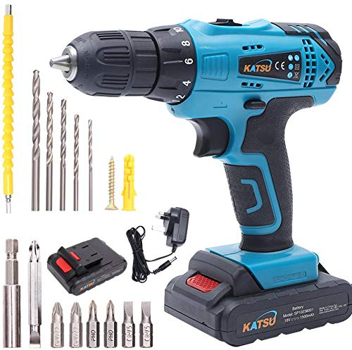 KATSU Trapano Avvitatore a Batteria 18V con Kit Accessori + Albero Flessibile + Punta Doppia + 5 Punte Trapano + 6 Punte Cacciavite con Prolunga + 2 x 1,5Ah Batterie + Caricabatterie + Valigetta