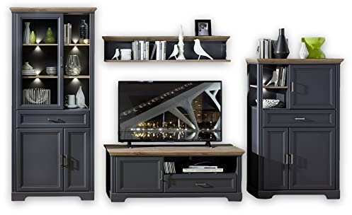 Stella Trading JASMIN Wohnwand Komplett-Set in Graphit, Artisan Eiche Optik - Schrankwand mit LED-Beleuchtung für Ihr Wohnzimmer im Landhausstil - 354 x 204 x 51 cm (B/H/T)