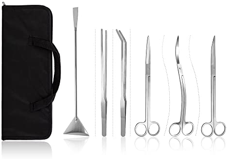 Bornfeel Aquarium-Werkzeug-Set, 6-in-1, rostfreies Aquascaping-Werkzeug-Set mit Aufbewahrungsbox, Edelstahl-Pinzette, Scheren, Spachtel, Werkzeuge für Salzwasser, Pflanzentrimmen, Fisch-Starter-Set