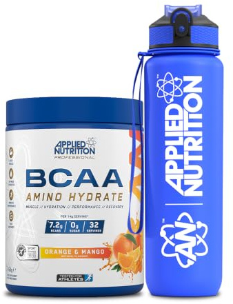 Applied Nutrition Bundle: BCAA Powder 450g + Lifestyle Water Bottle 1000ml | Branched Chain Amino Acids BCAAs Supplement, Intra Workout & Recovery (450g - 32 Servings) (Orange & Mango)