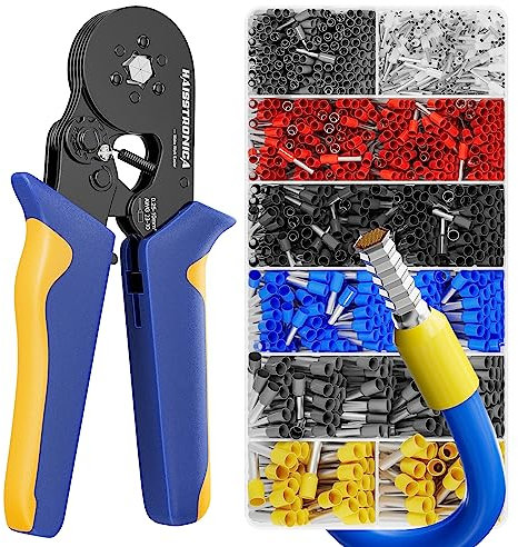 Haisstronica Kit de herramientas de prensado de virola AWG2310 con terminales de extremo de alambre de cobre rojo de 1200 piezas – Herramienta de prensado de alambre de trinquete – Juego de