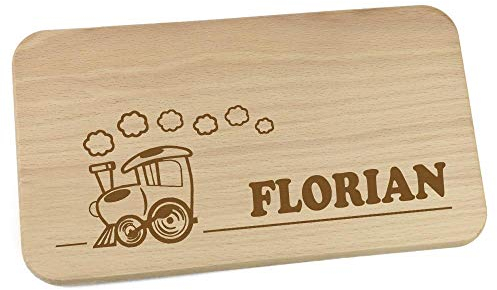 Personalisiertes Frühstücksbrettchen aus Holz mit Motiv und Name graviert Motiv Zug