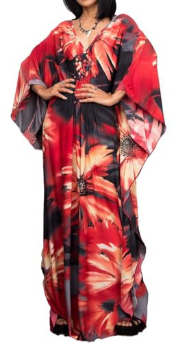Bsubseach Women Flower Print Beach Kaftan Batwing Sleeve Plus Size Bathing Suit Cover Ups Maxi Caftan Dresses