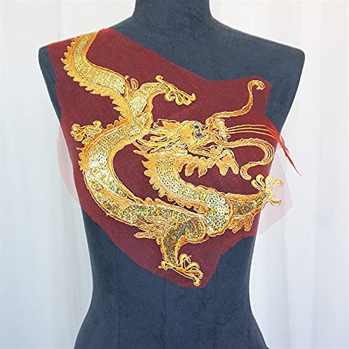 YUNSI Dekorative Flecken Gold chinesische Drachen Pailletten rote Spitze Trims Mesh Strass Nähen auf Patches Stickerei für Hochzeit Applikationen Dekoration