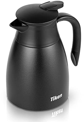 Tiken 1L Thermoskanne Edelstahl Doppelwandige Vakuumisolierung Isolierkanne Kaffeekanne Schwarz
