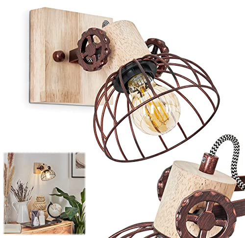 Wandleuchte Orny, Wandlampe Vintage-Design aus Holz/Metall in Natur/Rost m. Lichteffekt, Schirm in Gitter-Optik, Leuchte m. Holzbalken, Textilkabeln u. verstellbarem Strahler, E27, ohne Leuchtmittel