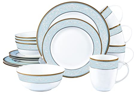 Wpslnwo Juego de vajilla de porcelana fina, 16 piezas, diseño clásico en relieve con bordes dorados, vajilla de porcelana de alta calidad para 4 personas