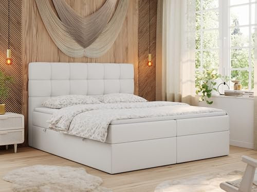 MKS MEBLE Boxspringbett mit Matratze, Bett mit Multipocket - Matratze und Topper, Polsterbett mit Bettkasten und Kopfteil, ERNI (160x200 cm, H4 Weiß, Kunstleder)