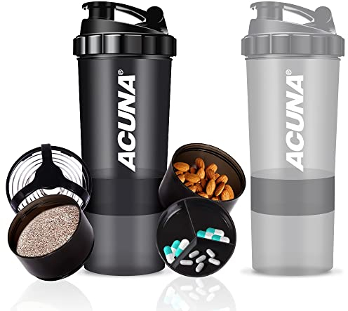 ACUNA Protein Shaker Bottle 600ml (PACK OF 2), 3 Layer Supplement & Pills Storage Cup- Secure Leakproof Protein Shake Mixer Bottle- Gym Supplement Shaker Bottle (Black - Grey)