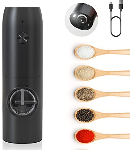 MERTTURM Wiederaufladbare Pfeffermühle Elektrische, Automatische Pfeffer Salz Mühle mit Weißem LED-Licht, Keramikmahlwerk, Einstellbarer Grobheit, Nachfüllbar für Küche, Restaurant, Camping BBQ