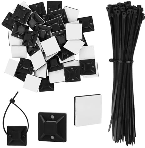 100 Pack Cable Ties Self Adhesive Cable Tie Base Holders with Multi-Purpose Sticky Pads(Black Nylon Zip Ties Length 150mm,Cable Tie Mount Width 18mm) for Home Office