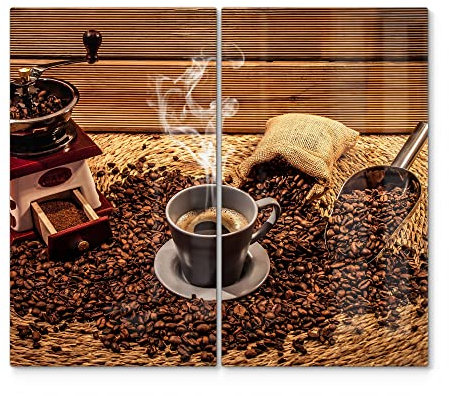 DEQORI Herdabdeckplatten Glas | 2er Set 60x52 cm | Motiv Von der Bohne zum Kaffee | Ceranfeld Abdeckplatten in Küche | Herd-Abdeckungen universal | Glasplatten & Schneidebretter für Kochplatte