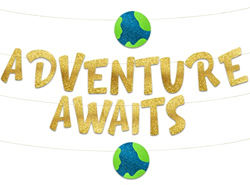 Adventure Awaits Going Away Gold Glitter Banner - Funny Farewell Decorations - We Will Miss You - Retirement, New Job Change, Moving Party Supplies, Ideas, and Gifts