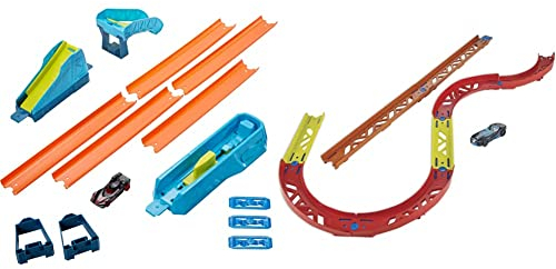 Hot Wheels GLC88 - Track Builder Unlimited Vielseitiges Kurven Set Zubehörteile, ab 6 Jahren & GLC89 - Track Builder Unlimited Weitsprung Set Zubehörteile, Spielzeug Autorennbahn ab 6 Jahren
