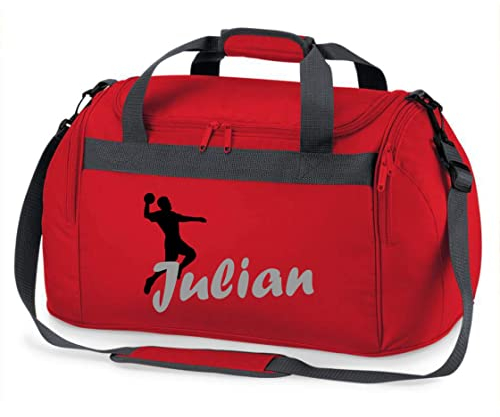 minimutz Sporttasche mit Namen Bedruckt für Kinder | Personalisierbar mit Motiv Handball | Reisetasche Duffle Bag für Mädchen und Jungen | Handballspieler Sport (rot)