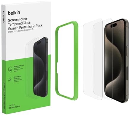 Belkin ScreenForce TemperedGlass protector de pantalla para iPhone 15 Pro, cristal vidrio templado, antiarañazos, marco de alineación fácil para aplicación sin burbujas, paquete de 2