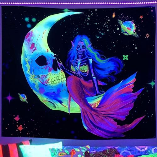 Ulticool – Meerjungfrau Skelett - Glow in the Dark Wandteppich - Schwarzlicht under UV Reaktive Bright Black Neon Light - Blacklight Psychedelisch im Dunkeln Leuchtende Wandtuch - 200 x 150 cm