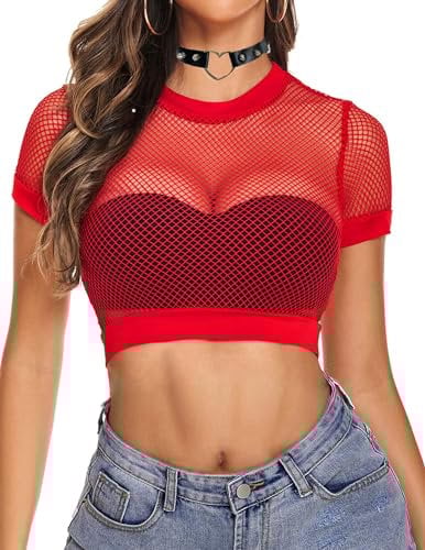 Avidlove Camiseta Corta de Malla Sexy para Mujer Camisetas de Malla de Manga Corta Cuello Redondo Traje de Fiesta Camiseta Básica Rojo M