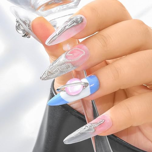 Sethexy Lang Stiletto Handgefertigt Press On Nägel Acryl Glitzer Falsche Nägel Gotisch Auge des Teufels Falsche Nägel Salon Aufgeklebte Nägel für Frauen und Mädchen 10PCS (1)