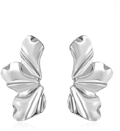 FDEETY Ohrringe Retro Übertriebene Blumen Ohrstecker Mode Matte Unregelmäßige Blütenblatt Ohrringe Schmuck Für Frauen Und Mädchen (Silber)