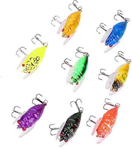 WOHPNLE Topwater Angelköder, 8 Farben, einzigartige Topwater Barschköder, weiche Zikaden, Topwater Angelköder, bionische Zikadenform, Angelköder mit Haken