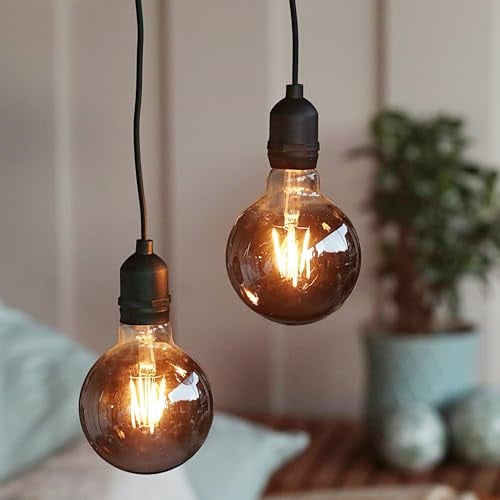 hellum 2er Set Vintage Hängeleuchte für außen, rauchgraue Retro Hängelampen mit Timer und Dimmer, rundes Glas G95 Ø 9,5 x 13,7 cm, zweimal Glühbirne mit Fernbedienung, outdoor Glühbirnen 151442
