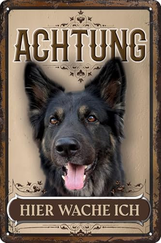 30 x 20 cm wetterfestes Blechschild, Warnhinweis, Torschild, Achtung, hier Wache ich! Warnung vor dem Hund (Schäferhund 4)