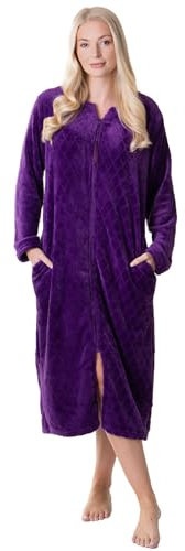 Camille Accappatoio da donna in pile super morbido, con stampa a diamante, maniche lunghe e tasche laterali per il massimo comfort e calore, Viola, 22-24