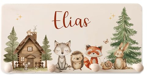 Kidsmood Kindergarderobe Personalisiert mit Namen, Kinderzimmer Möbel aus robustem Holz, Garderobenleiste Kinder, Baby Garderobe für Babyzimmer mit 4 Kleiderhaken Wand-Montage [40x20x1,5 cm]
