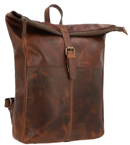 Gusti Leder Rucksack Valja - Echtleder Rolltop Rucksack Damen und Herren - Lederrucksack mit Laptopfach 13 Zoll - Vintage Ziegenleder Pflanzlich Gegerbt Braun