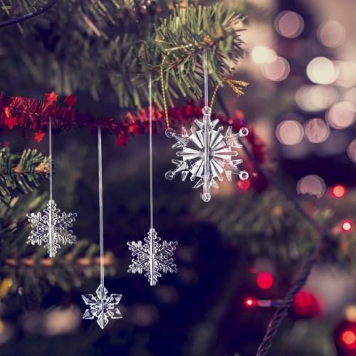 45 Stück Klare Schneeflocken kristall Ornamente Schnee Party Deko Weihnachtsbaum Anhänger Acryl Schneeflocken mit Einer 15M Langen transparenten Linie Weihnachtsdeko DIY | 3 Stile | Ø42mm Ø52mm Ø72mm