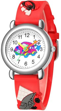LIWEARE Kinderuhren- Kinderarmbanduhr 3D Cartoon Kinderuhren Einfach zu Lesende Zahlen, Fahrzeugmuster für Jungen Mädchen Kinder (Rot)