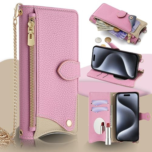 Unichthy Zipper Purse for iPhone Xr Case for Women Girls with Metal Crossbody Strap/Mini Make-up Mirror Shockproof Soft Litchi Leather Flip Magnetic Wallet Handbag Card Slots Cover for iPhone Xr Pink