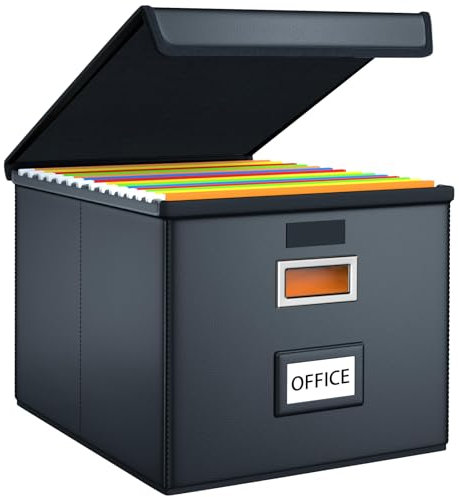 FINEW Stoff Faltbare Aufbewahrungsbox mit Deckel, Verbessertes Ledermaterial, Hängemappenbox für DIN A4 Hängeregister, Aufbewahrungsboxen für Büro, Faltbox für Familien (Schwarz)
