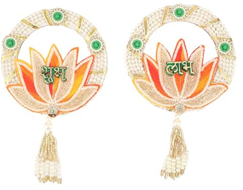 Auspicious Shubh Labh Hanging Lotus beads Bandanwar Door Wall Hangings Indian Traditional decor decorations Navratri Festival Handcrafted Toran Valance Housewarming(Size:-4)(Orange and White)
