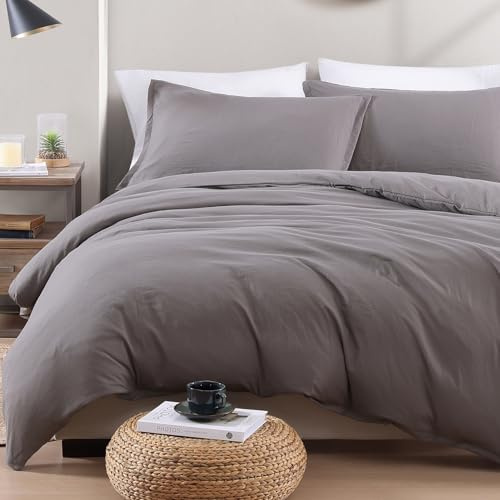 LANE LINEN Single Bedding Set with Duvet Cover & Fitted Sheet, 3pc - Grey | Pre-Washed, Quilt Cover Set with Pillowcases, Zipper Closure, OEKO-TEX Certified, Soft Breathable Comfort for Home and Hotels