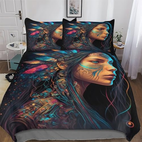 AAPZY Indianische Prinzessin 3D Muster Bettwäsche Bettbezug Set 3 Teilig Deckenbezug + Kopfkissenbezug, Angenehme Microfaser Bettbezüge Für Jungen Mädchen Mit Reißverschluss Double (200x200cm)