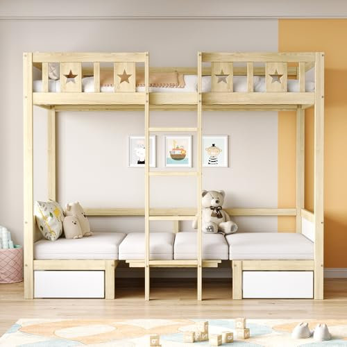 Moimhear Etagenbett, 90x200cm, Bett/Schreibtisch 2 in 1, selbst gepolstert, mit Zwei großen Schubladen, Bettgestell mit Leiter, Holzbett, Kinderbett (Holzfarbe+weiß)