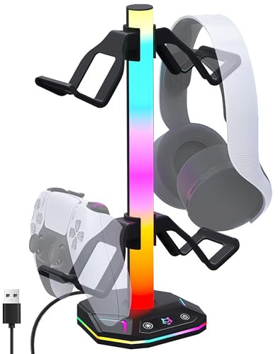 auvstar Soporte Auriculares RGB con Base Ponderada, Soporte Cascos Gaming con Cargador y Transferencia de Datos USB y Type-C, Apto para Auriculares y Gamepads (Negro)