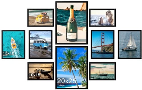 Tinkeps Bilderrahmen 10er-Pack in Schwarz – Für 10 Fotos in 3 Größen, Enthält 4 Rahmen für 10x15 cm, 4 für 13x18 cm und 2 für 20x25 cm Fotos – Perfekt als Tischaufsteller und Wanddekoration geeignet