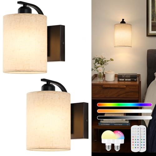 Battery Wall Light Wireless Set of 2, Rechargeable Wall Lights with 5000mAh Dimmable Detachable Charging Bulbs and Remote,3 Color Temperature Wireless Wall Light for Living Room Bedroom Hallway(Black)