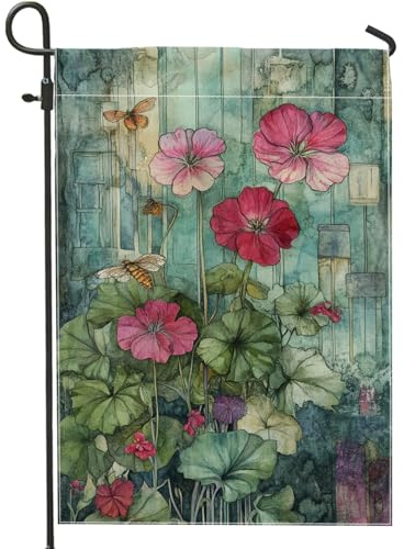 Gartenflagge für Frühling und Sommer, Pfirsich-Geranie, bunte Blüten, Schmetterling, Outdoor, Hof, Dekoration, Banner, doppelseitig, Jute, Rasendekoration, 30,5 x 45,7 cm