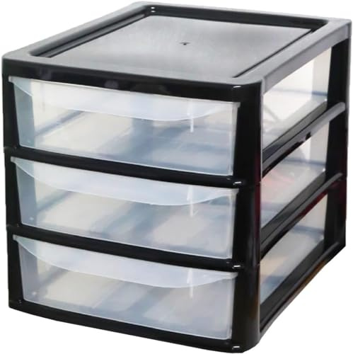 ALEEZ - A4 Slim Drawer Storage Unit - Small Plastic Desktop Tower - Tabletop Drawers for Office & School - Multi-Purpose Clear Drawers - Storage Unit for Small Spaces (Black/Clear, A4 Slim 3 Drawers)