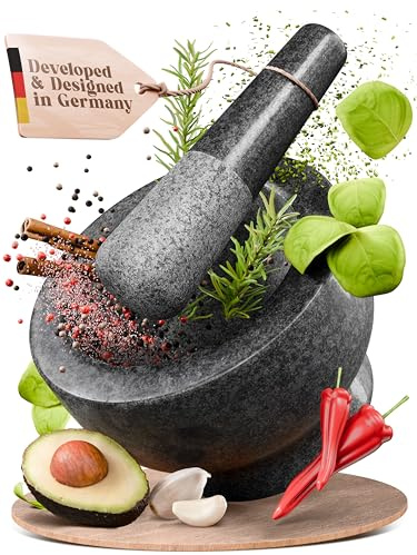 ChefSofi Mortar and Pestle Set (Black, 3.5-Cups) | Black Polished Exterior Heavy Natural Granite - 7 inch